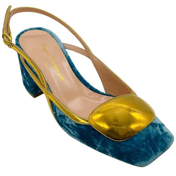 Rupert Sanderson Aqua Velvet Cavalla Slingback Pumps with Gold - Picture 1 of 6